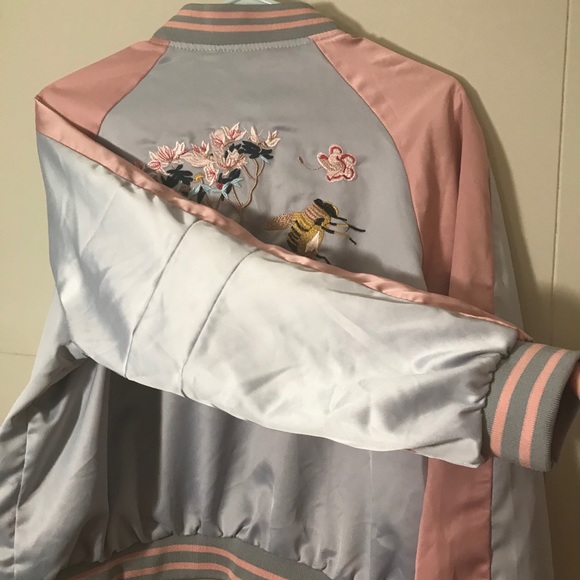 Unique Embroidered Bumblebee Satin Bomber Jacket - Picture 4 of 16